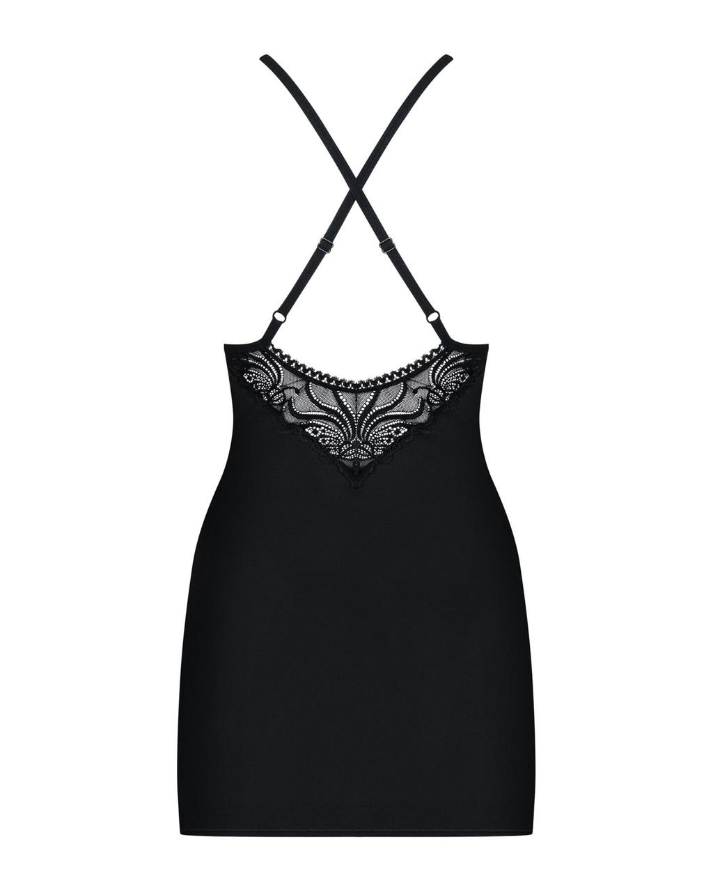 Сатиновый комплект для сна с кружевом Obsessive 828-CHE-1 chemise & thong L/XL, черный, сорочка в DIDO