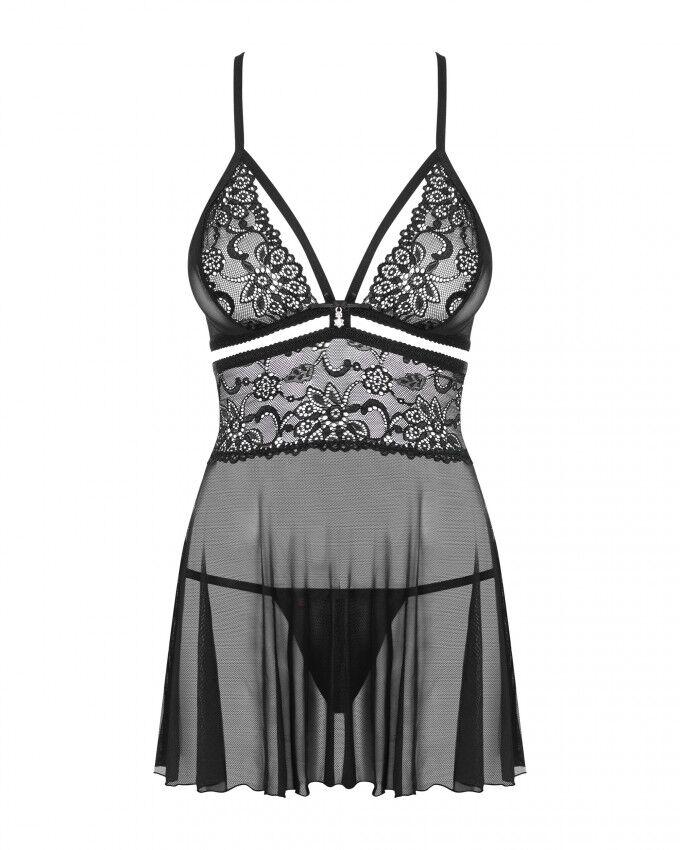 Эротический кружевной комплект с сеточкой Obsessive 838-BAB-1 babydoll & thong black XXL, черный, пе в DIDO
