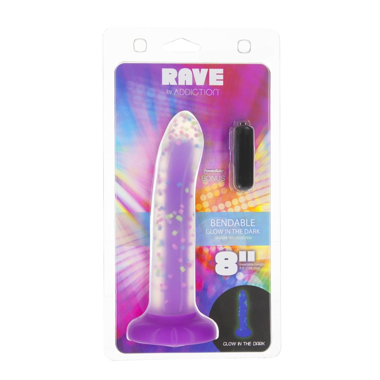 Фалоімітатор ADDICTION Rave 8″, що світиться в темряві, Glow in the Dark Dildo Purple Confetti, 20,3 см в DIDO