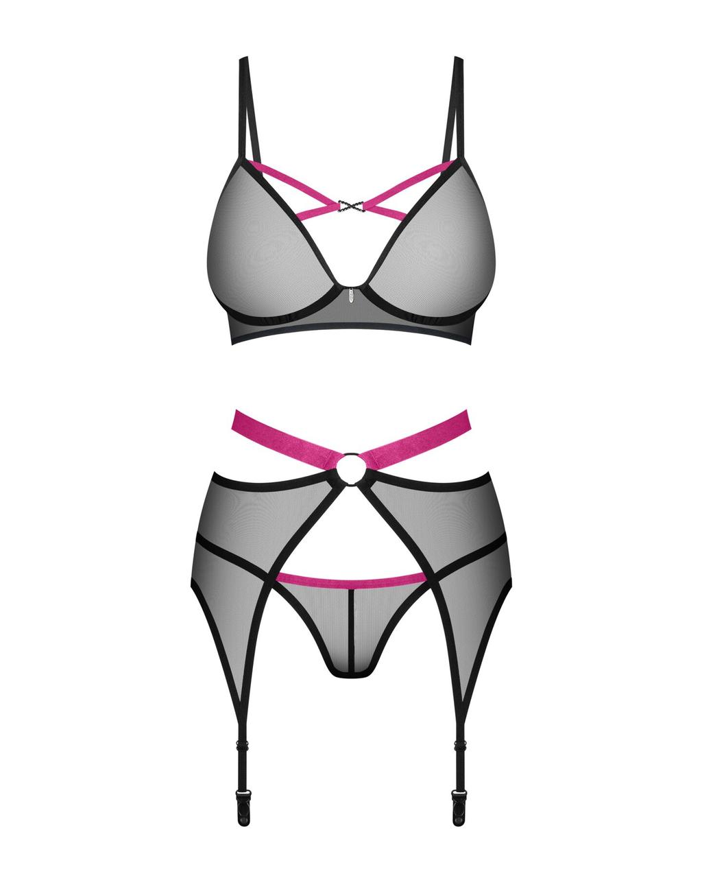 Комплект Obsessive Novenes 3-pcs set, XS/S, прозорий ліф на кісточках, стрінги, пояс у DIDO