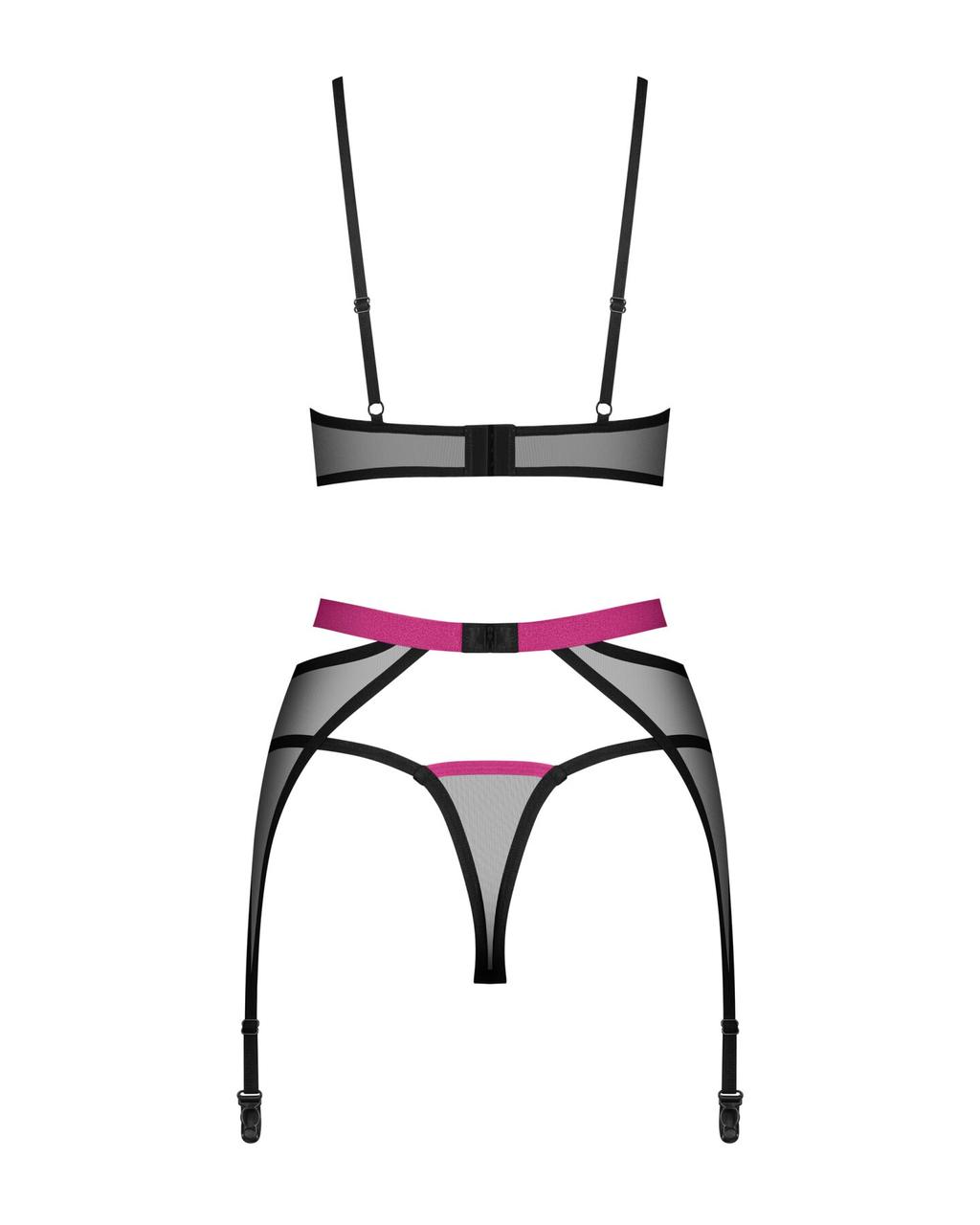 Комплект Obsessive Novenes 3-pcs set, M/L, прозорий ліф на кісточках, стрінги, пояс у DIDO