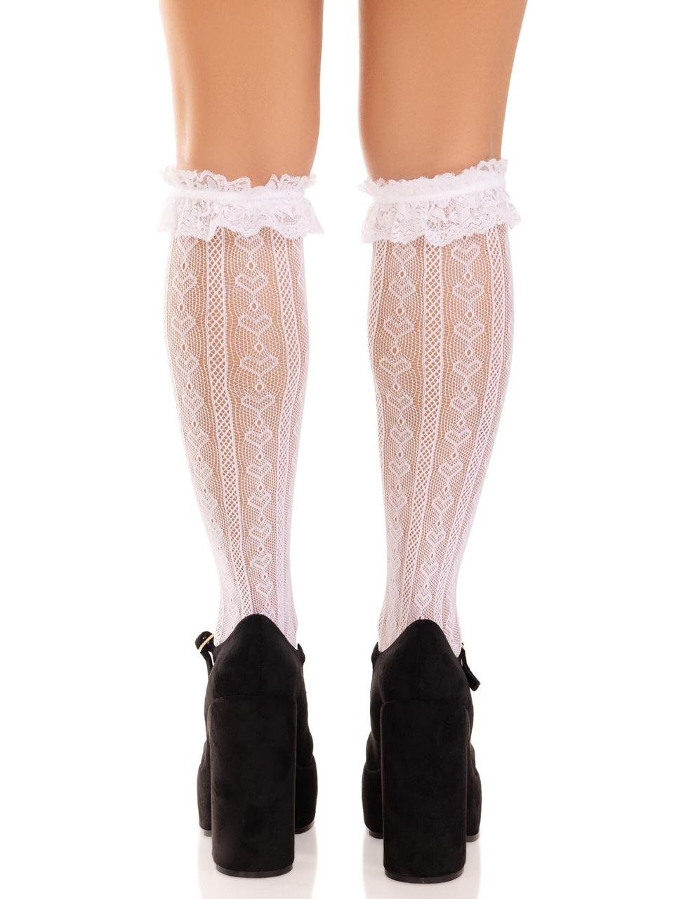 Носочки ажурные с рюшами Leg Avenue Sweetheart Ruffle Cuff Knee Highs White, высокие в DIDO