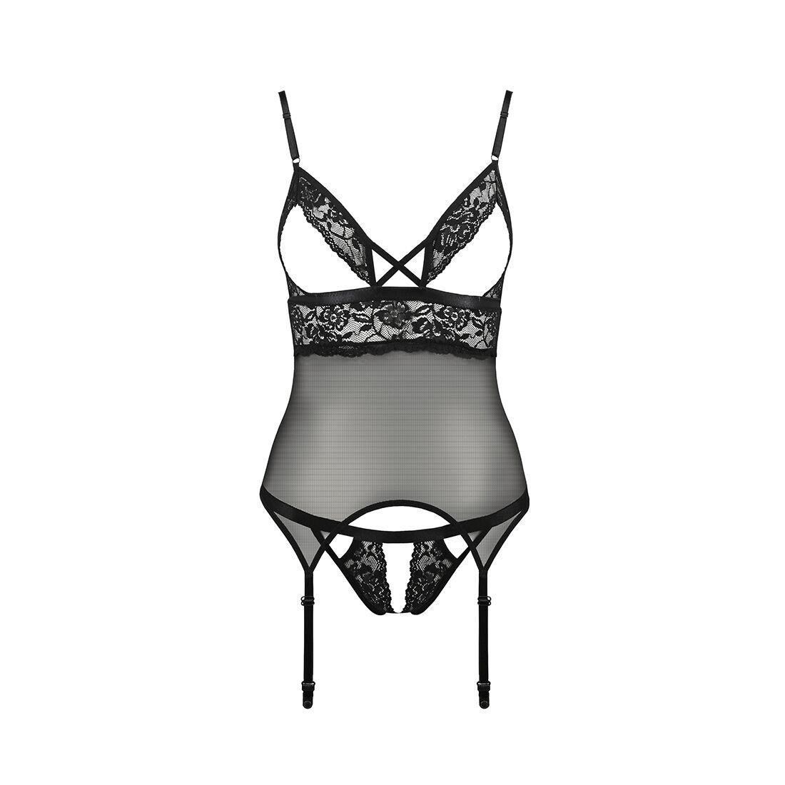 Корсет з відкритими грудьми Passion DIABOLINA CORSET L/XL, black, пажі, трусики, напівпрозорий в DIDO
