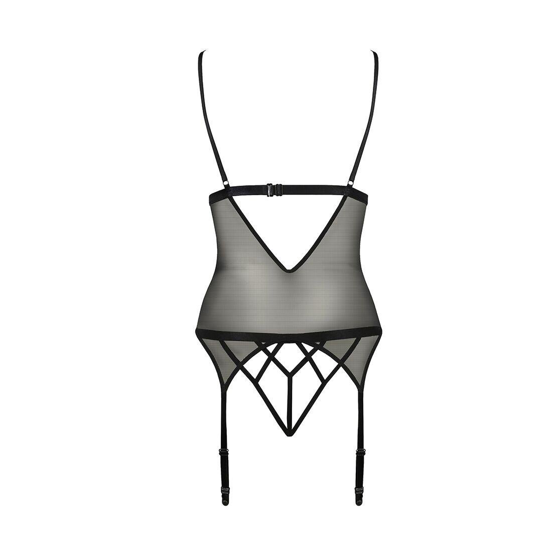 Корсет з відкритими грудьми Passion DIABOLINA CORSET S/M, black, пажі, трусики, напівпрозорий в DIDO