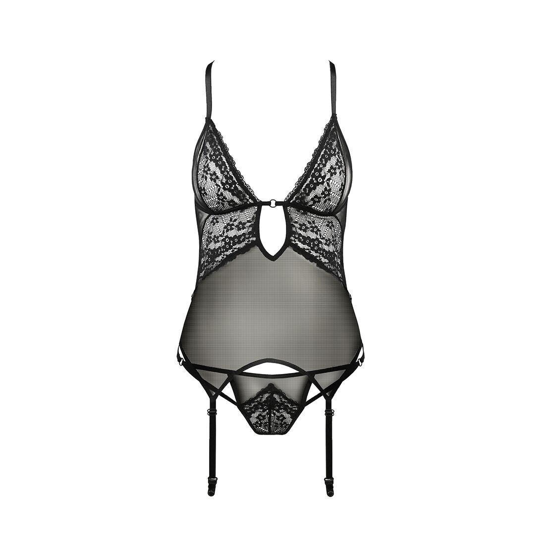 Корсет з декольте Passion ERZA CORSET S/M, black, пажі, трусики, напівпрозорий в DIDO