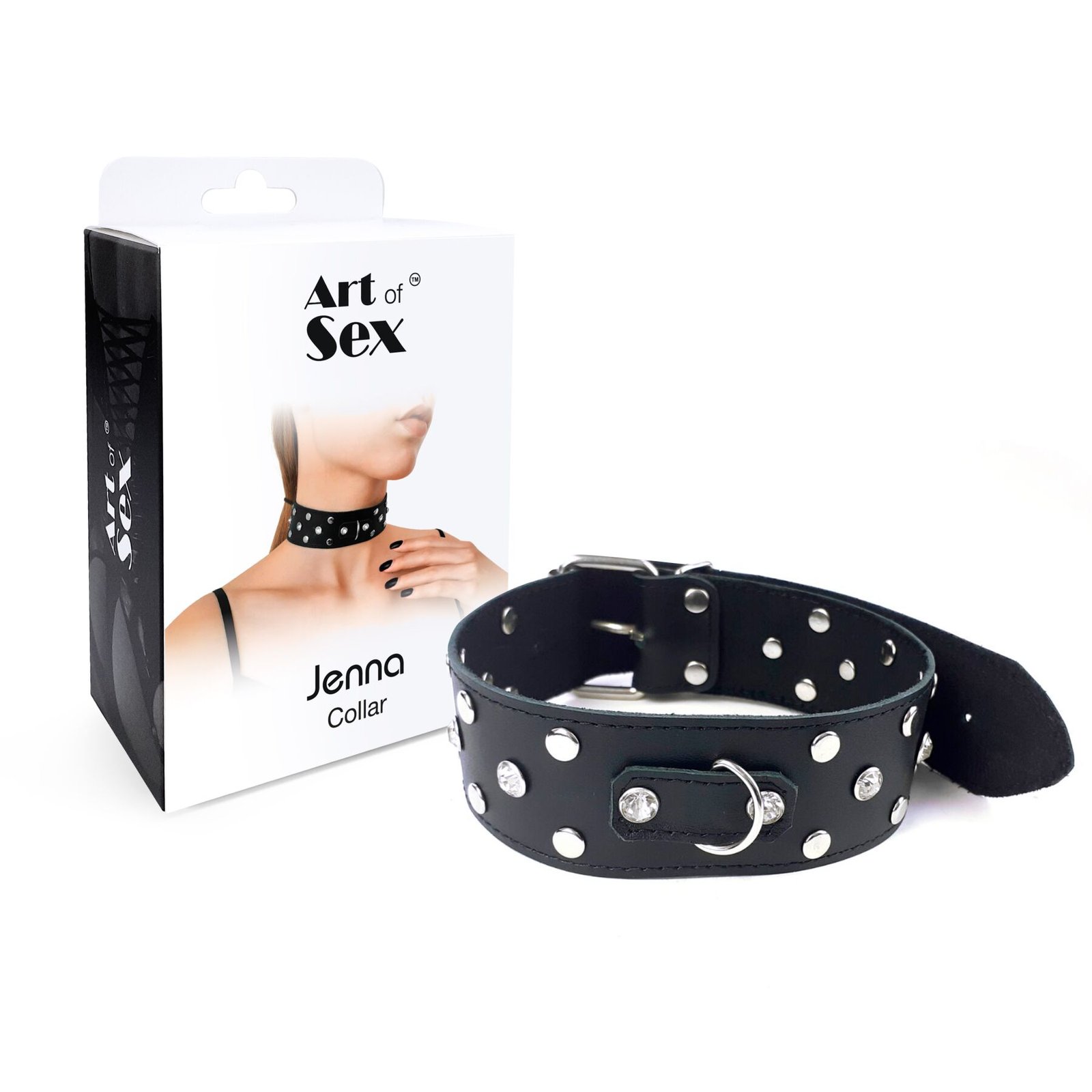 Нашийник з натуральної шкіри із заклепками та стразами Art of Sex - Jenna Collar, Чорний - Зображення 3