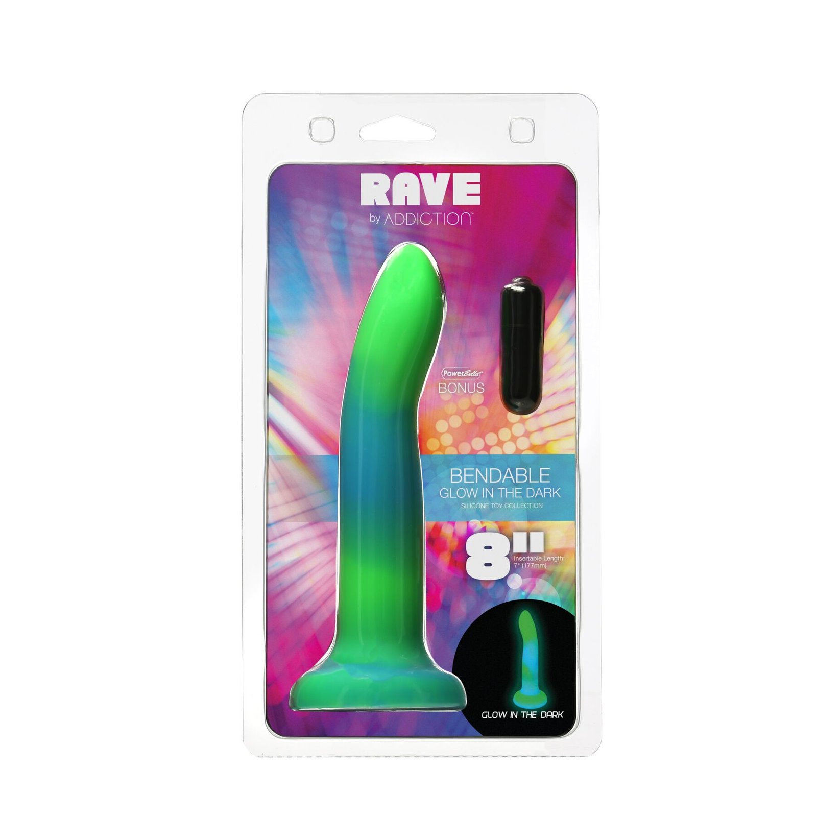Фалоімітатор, що світиться в темряві, ADDICTION Rave 8″, Glow in the Dark Dildo Blue Green, 20,3 см - Зображення 8