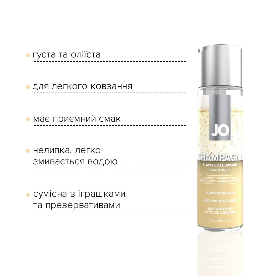 Змазка на водній основі JO Champagne (60 мл), без цукру, рослинний гліцерин - Зображення 3