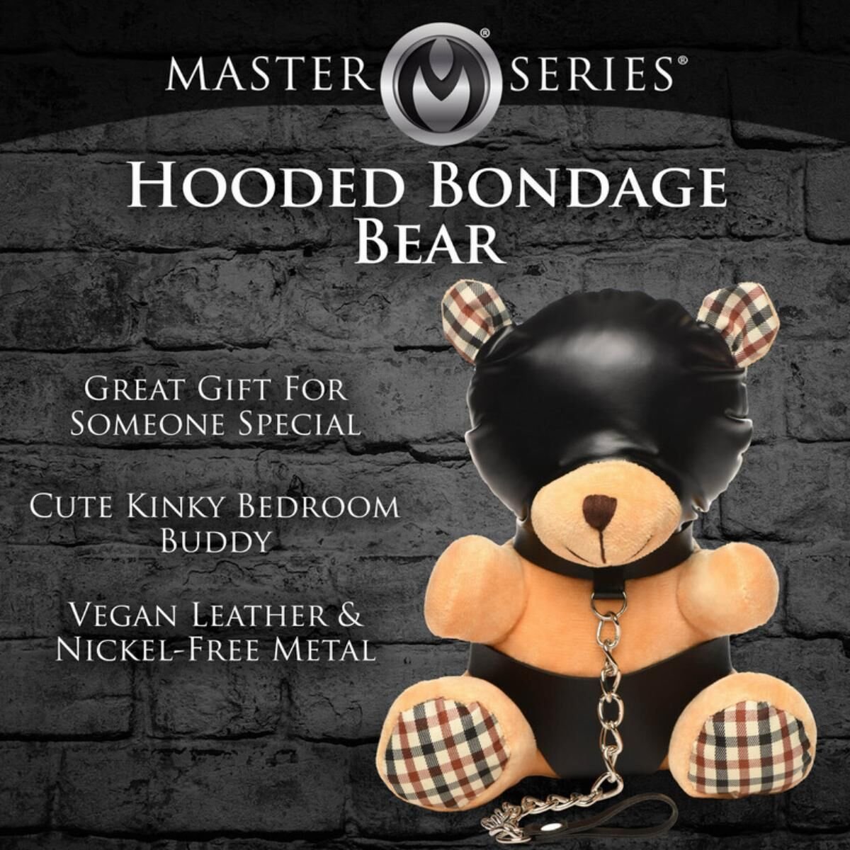 Плюшевий ведмедик HOODED Teddy Bear БДСМ у шкіряному капюшоні з повідцем, 23x16x12 см - Зображення 4
