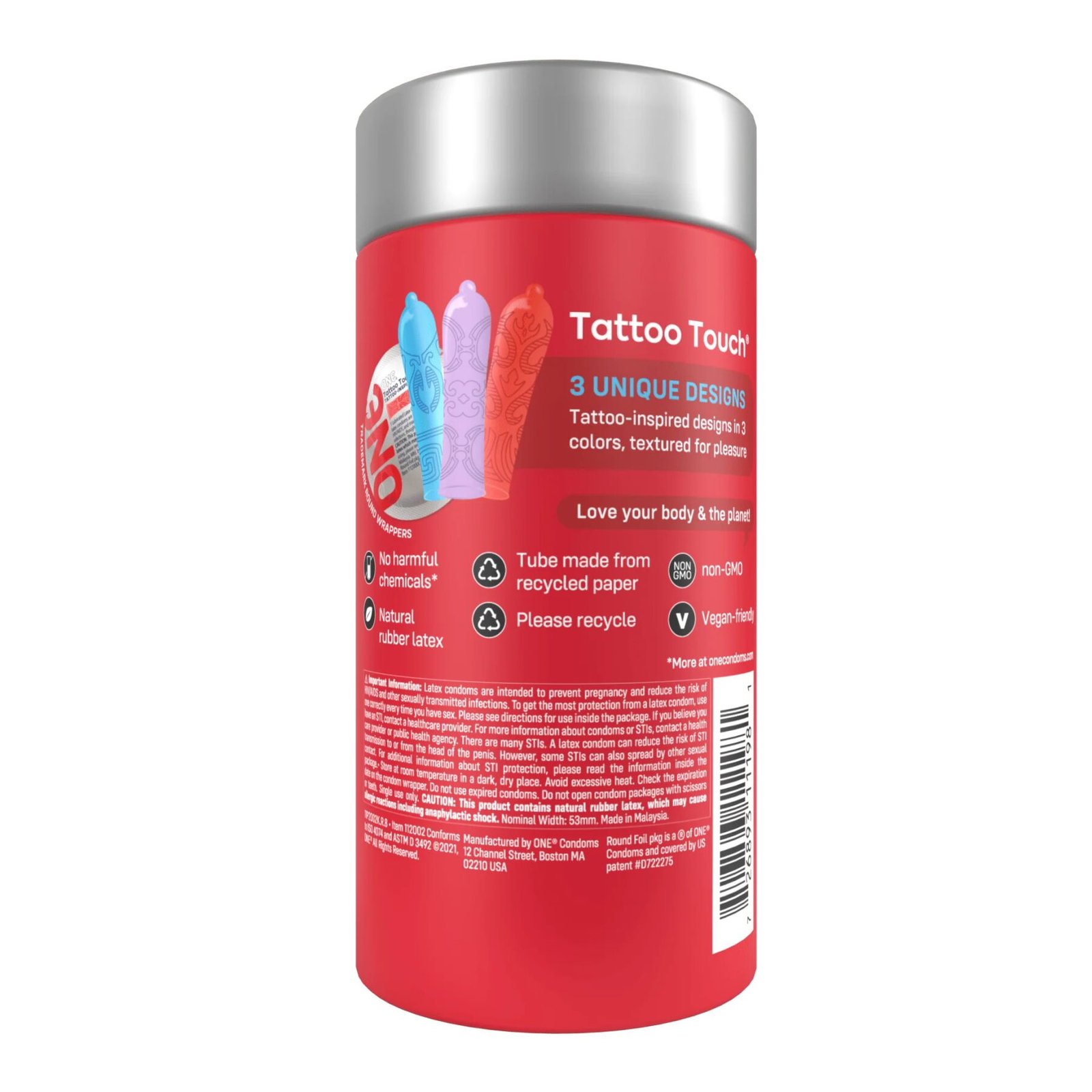 Презервативи ONE Tattoo Touch, 12 шт, рельєф у вигляді тату, 3 різновиди, подарункове паковання-тубус - Зображення 3