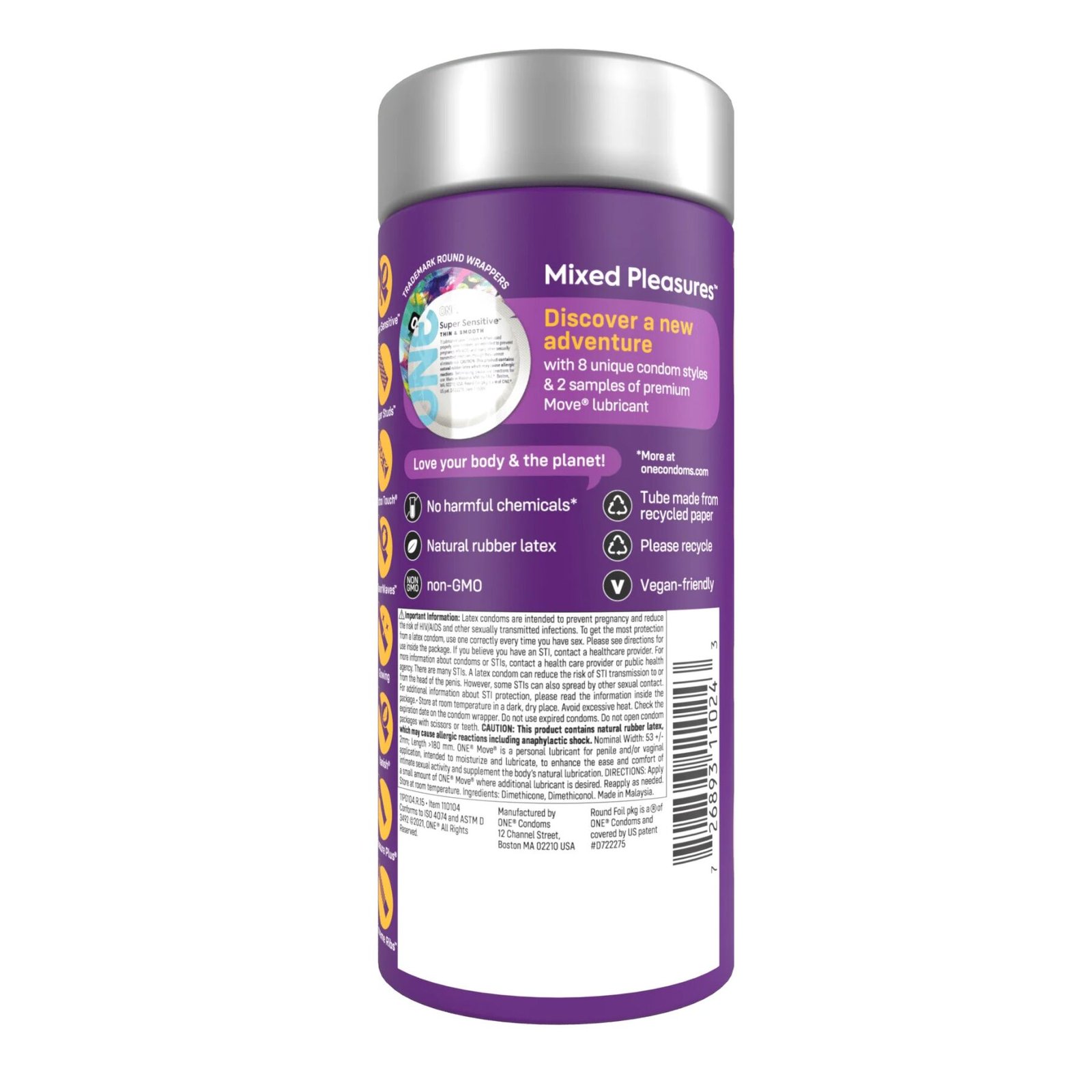 Презервативи ONE Mixed Pleasures, 24 шт, 8 видів, лубрикант у комплекті, подарункове паковання-тубус - Зображення 3