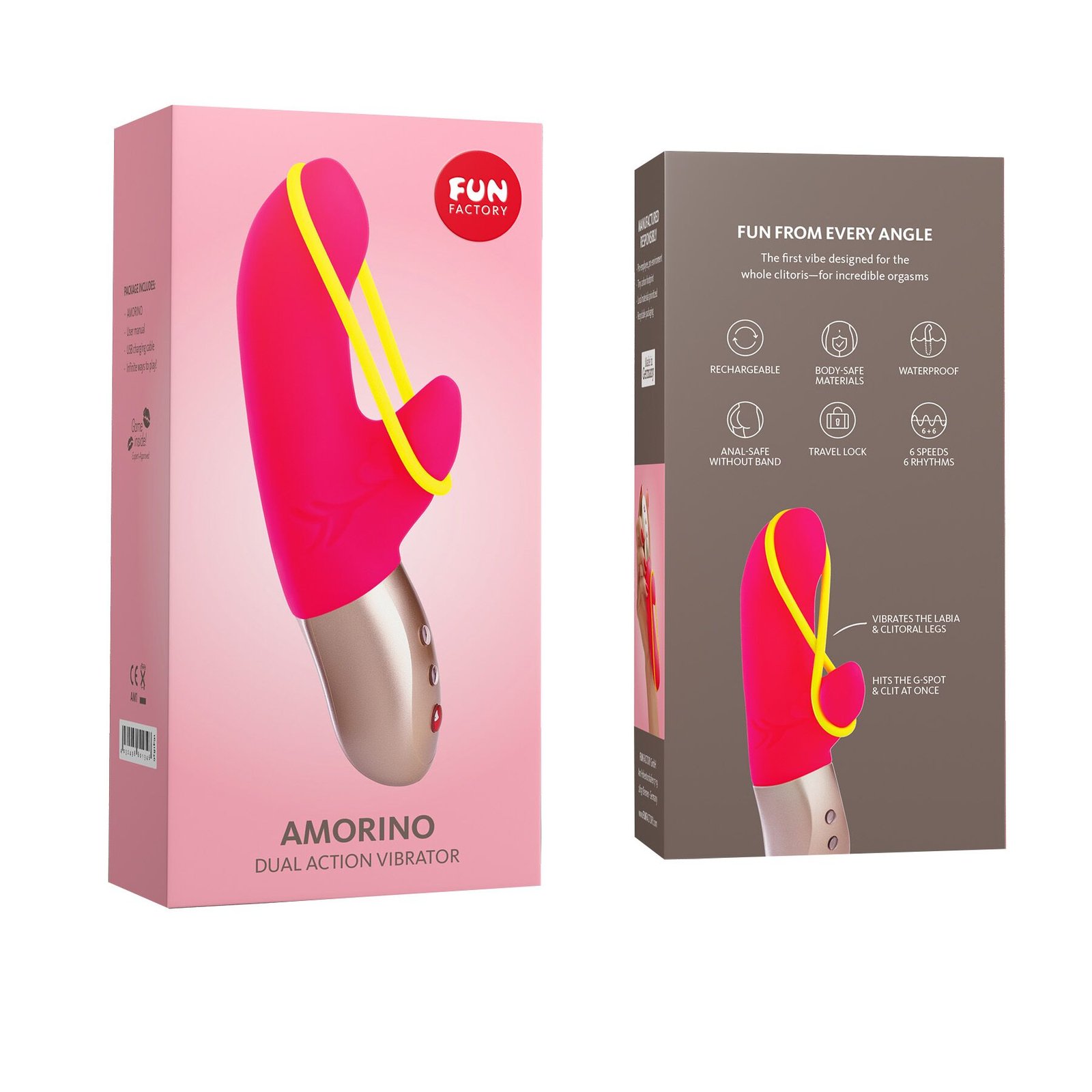 Мінівібратор-кролик зі стимулювальною стрічкою Fun Factory AMORINO pink/neon yellow, стрічка знімна - Зображення 5