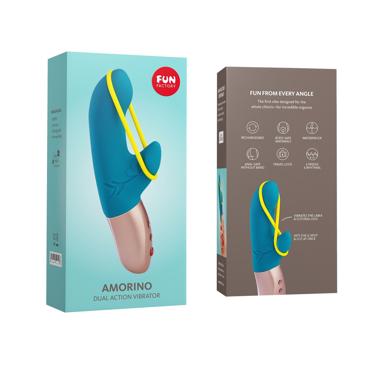 Мінівібратор-кролик зі стимулювальною стрічкою Fun Factory AMORINO petrol/neon yellow, стрічка знімна - Зображення 6
