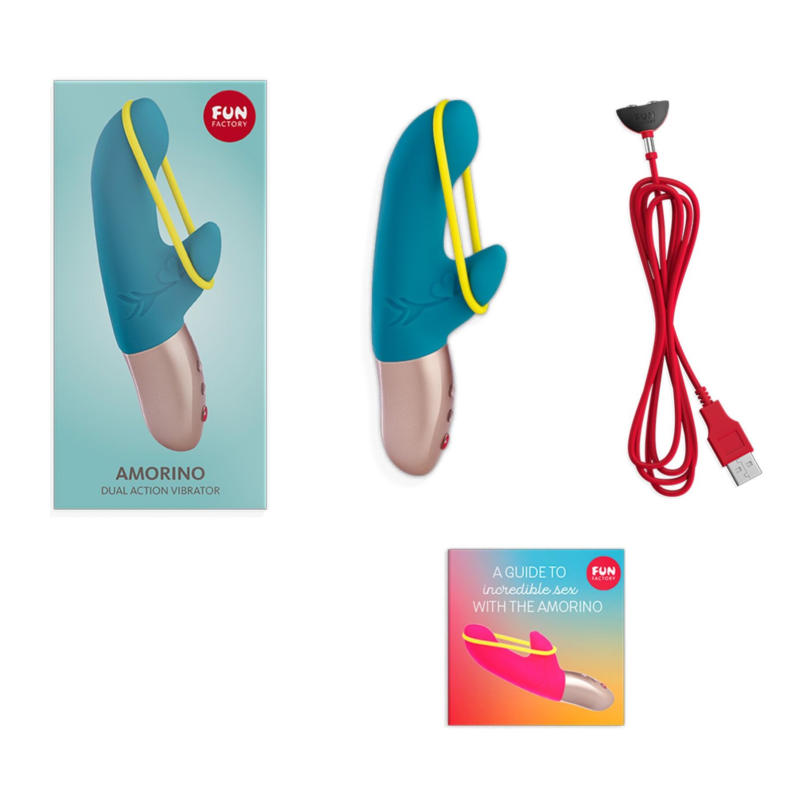 Мінівібратор-кролик зі стимулювальною стрічкою Fun Factory AMORINO petrol/neon yellow, стрічка знімна - Зображення 5