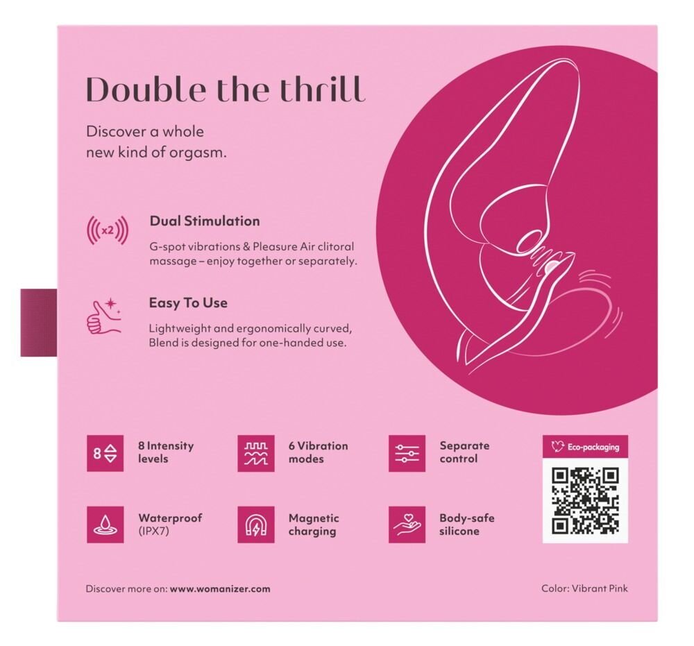 Вагінально-кліторальний стимулятор Womanizer Blend Vibrant Pink, вібрація + вакуум, 2 мотори - Зображення 8